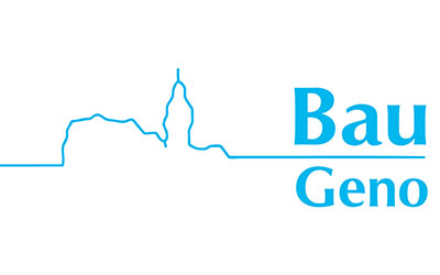 Blauer Umriss einer Stadtskyline mit dem Text „Bau Geno“ in Blau auf weißem Hintergrund.