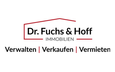 Logo für Dr. Fuchs & Hoff Immobilien mit rotem Dachumriss und dem Schriftzug „Verwalten | Verkaufen | Vermieten“ darunter.