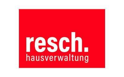 Rotes rechteckiges Logo mit dem Wort „resch.“ in fetten weißen Kleinbuchstaben und „hausverwaltung“ in kleinerer weißer Schrift darunter.